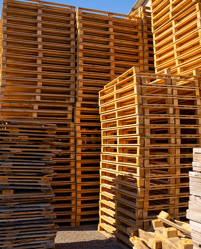 Tall stacks of wooden pallets in an outdoor pallet yard
