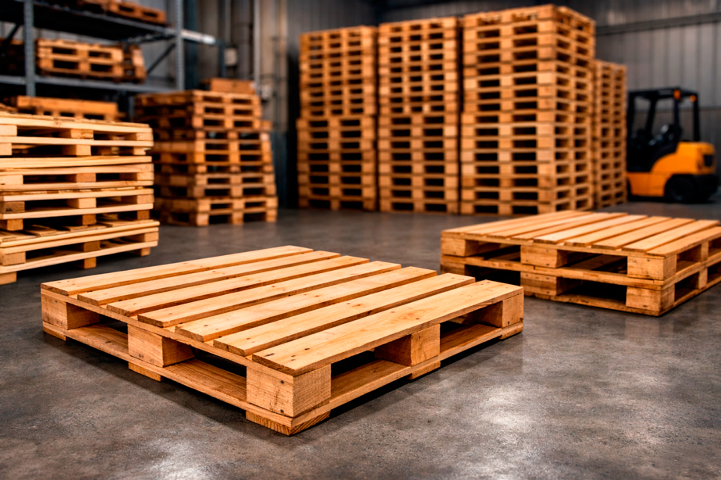 Stacks of new wooden pallets ready for delivery in a warehouse